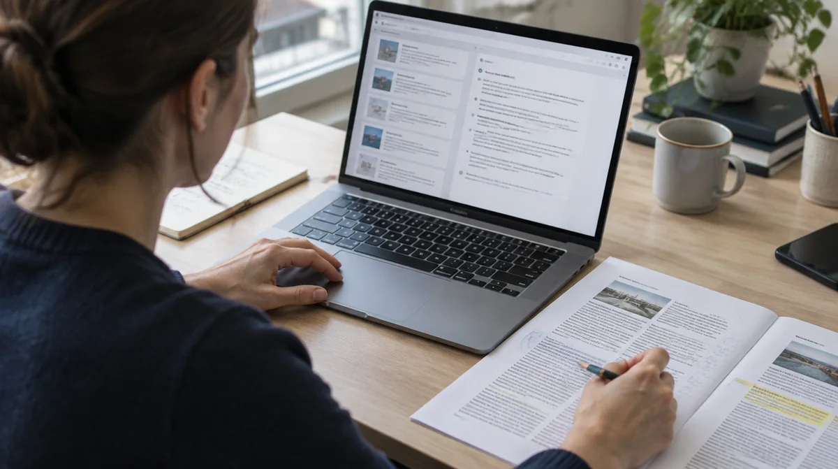 Une professionnelle compare une synthèse à l’écran avec des documents sources annotés.
