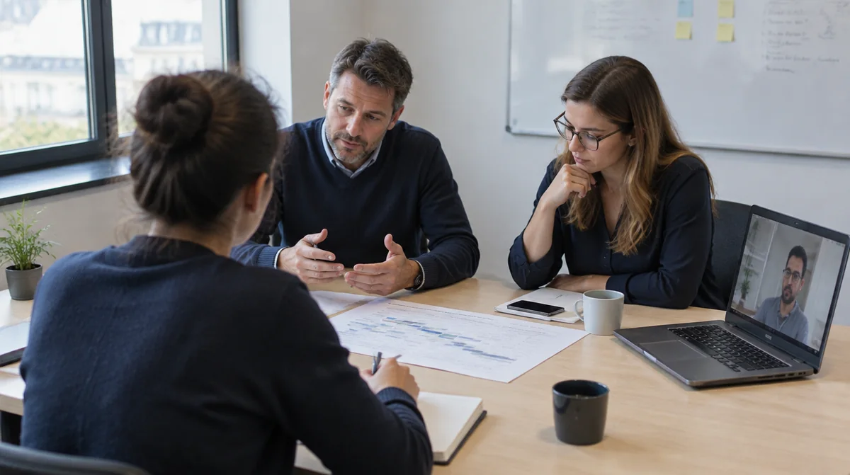 Des professionnels échangent autour d’un planning, avec un participant à distance.