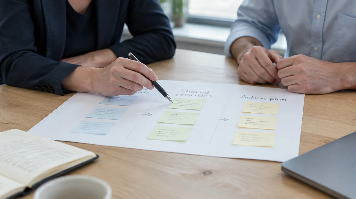 Deux professionnels examinent une feuille de route et des priorités sur papier.